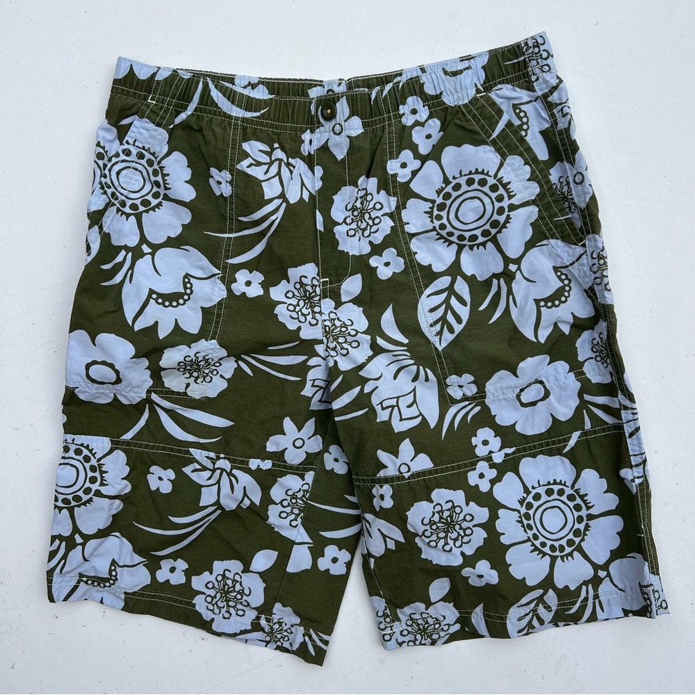 Lands End boys green blue floral board shorts